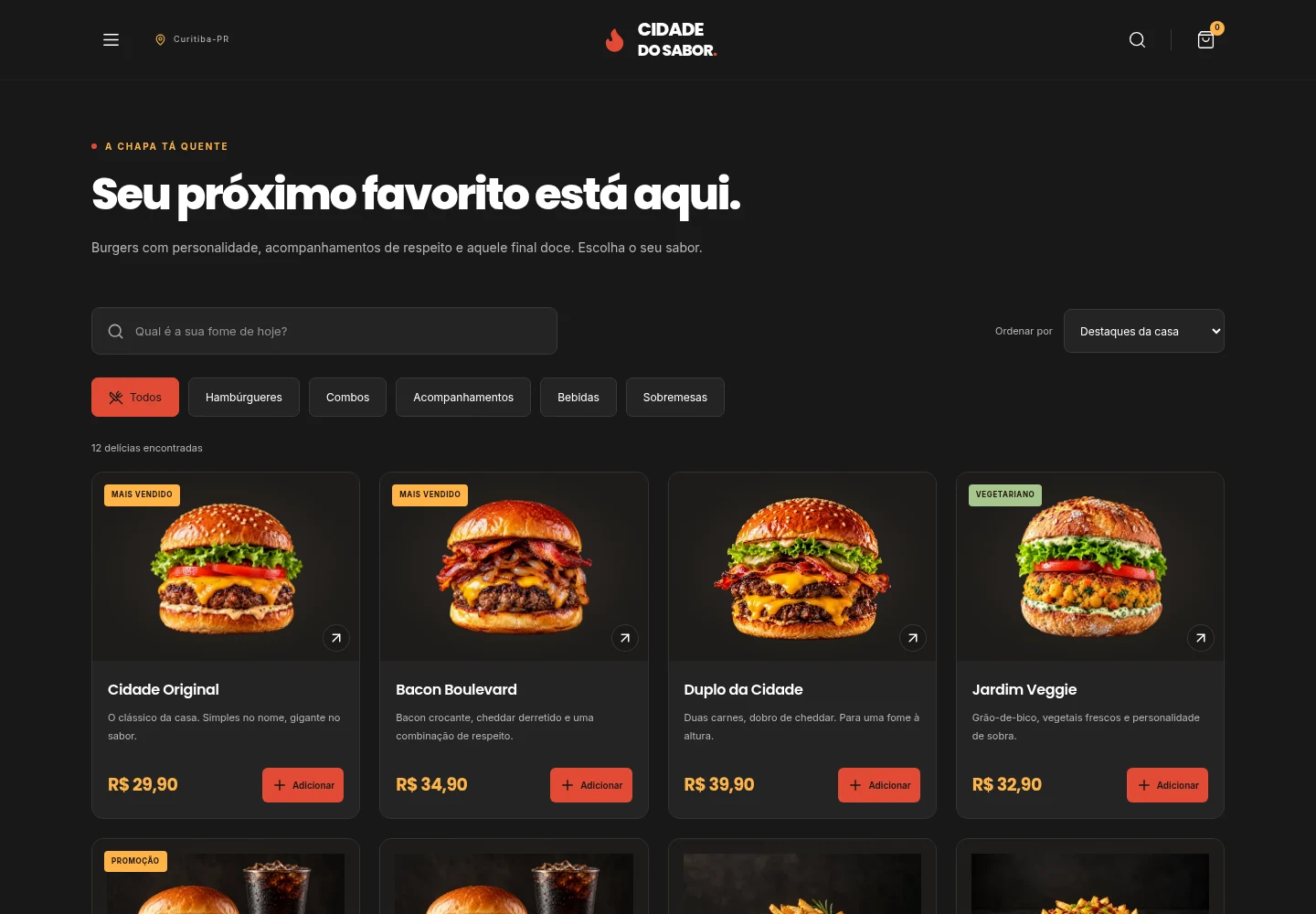 Cardápio real com busca, categorias e cards de hambúrgueres