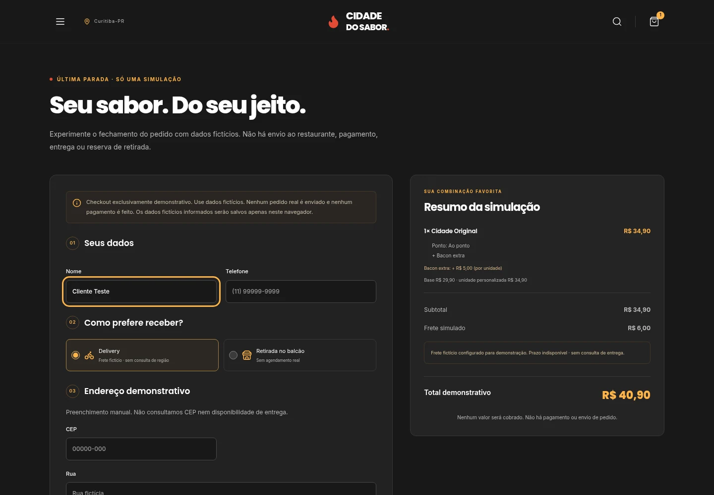 Checkout real com dados demonstrativos, opções de recebimento e resumo do pedido