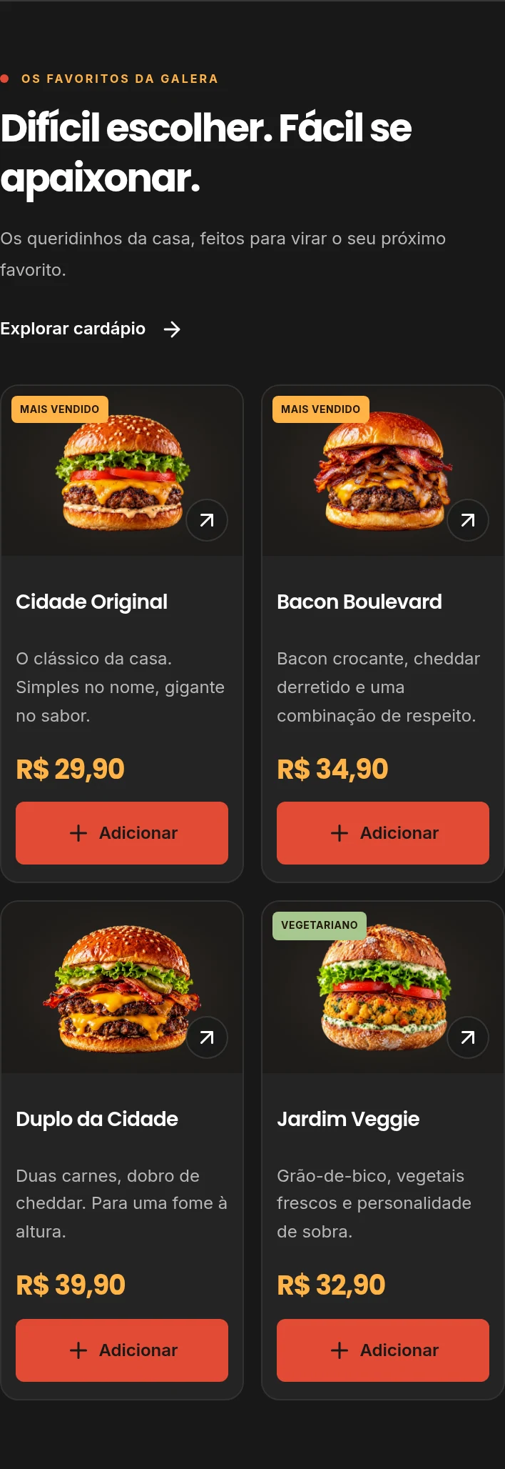 Captura real da seção de favoritos com dois cards de hambúrgueres por linha no celular