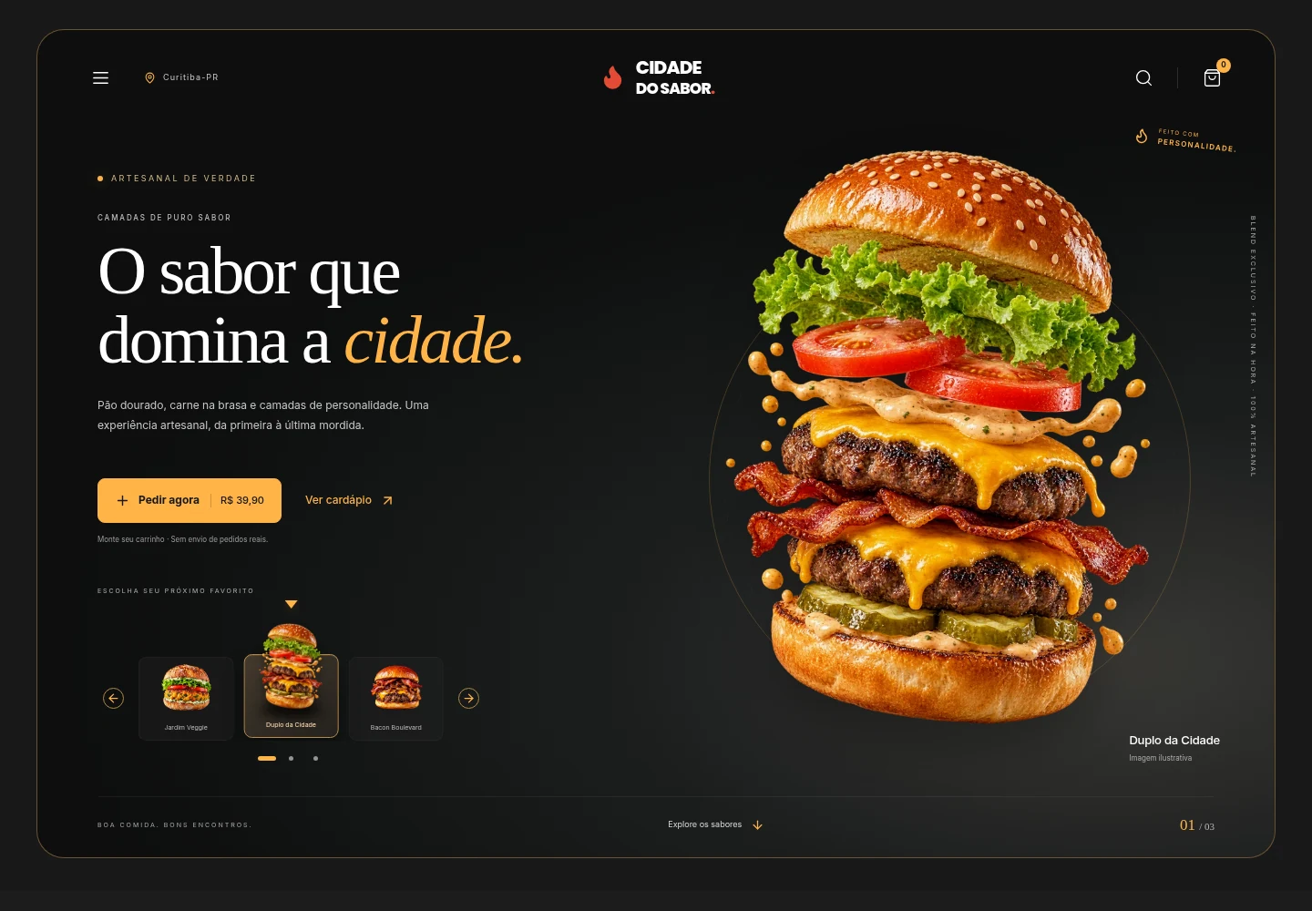 Página inicial real da Cidade do Sabor com hambúrguer em camadas, vitrine interativa e cabeçalho da marca