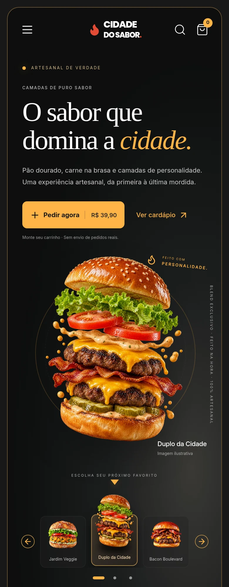 Captura real da página inicial em tela de 390 pixels, com título, botões e hambúrguer adaptados ao celular