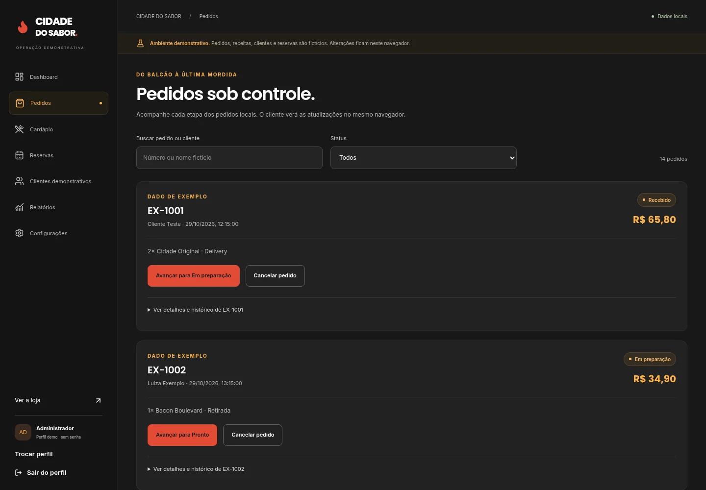 Gestão real de pedidos demonstrativos com filtros, status e ações para o administrador